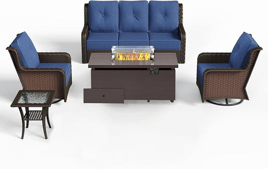 Sundale Outdoor Wicker Patio Furniture Set with Fire Pit, 5 Piece All Weather Outdoor Furniture Set with Swivel Chairs & Couch, High Back Patio Conversation Sets with 6" Cushions for Yard, Deck (Blue)