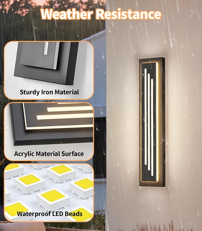 23.6'' Outdoor Wall Lights Modern Black LED Outdoor Wall Sconce, Large Long Exterior Lighting Fixtures, 3000K Waterproof Front Porch Lights Outside Lights for House, Garage, Indoor, 2 Pack