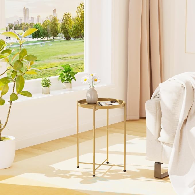 Garden 4 you Small Side Table, Gold Mini Round End Table, Tray Table with Metal Frame, Modern Nightstand for Living Room, Bedroom, Patio, Small Space, 2pcs