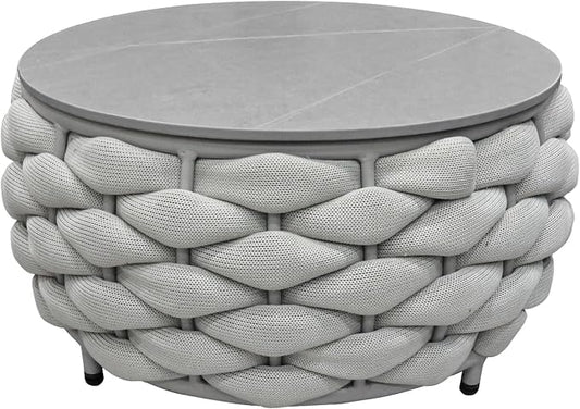 TWT Outdoor Coffee Table Round Centerpiece Table, Lightweight Accent Table with Hand Woven Rope Decor for Garden and Patio(Polyester Rope, Light Grey)