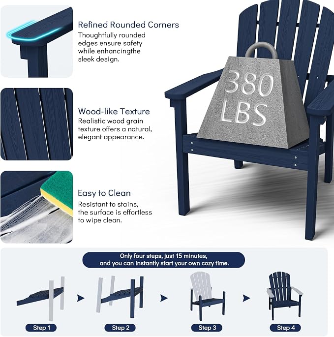 nevilywood Compact Stackable Adirondack Chairs Set of 4,HDPE,380lbs,Navy | 26.3" Wide HDPE.All-Weather Outdoor.Maintenance-Free.Stackable for Storage.25°Curved Straight Backrest.Quick Assembly