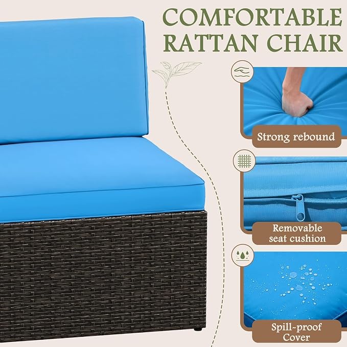 Devoko 3 Pieces Outdoor Patio Conversation Sets, Couch Sectional Sofa Rattan Chair Wicker with Tea Table, Furniture Bistro Sets for Garden,Balcony,Backyard, Blue