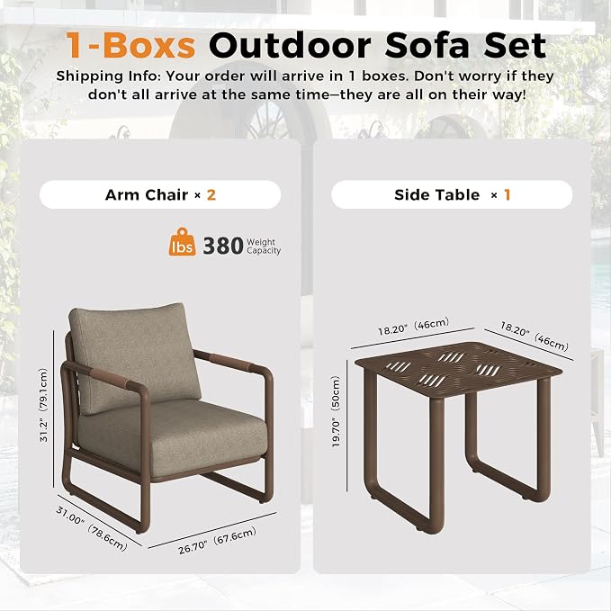 Outdoor Aluminum Patio Furniture Set with with 6.5" Thick Cushions,3-Piece Outdoor Sectional Conversation Set with Coffee Table, All-Weather Patio Set for Backyard & Deck，Brown