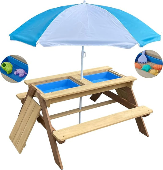 BTExpert Kids 3-in-1 Sand Water Activity Table Wooden Outdoor Convertible Picnic Table Bench Adjustable Umbrella Removable Top 2 Play Boxes Toy Set 37 x 35 in