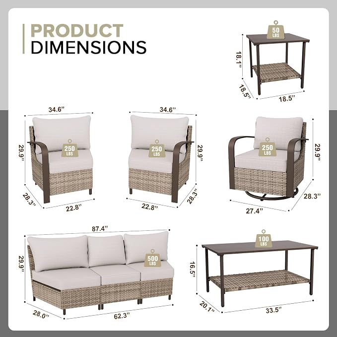 COOS BAY Aurora Terrace 7 Piece Outdoor Sectional Furniture Set, Half Moon Rattan Wicker Conversation Set with Swivel Chairs, 5 Seat Sofa, Coffee & Side Table for Patio Garden Yard, Beige/Beige