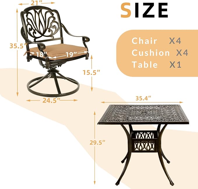 5 Piece Patio Dining Set, Outdoor Table and Chairs Set for 4 Cushioned Swivel Rocking Chairs and 35.4'' Square Table, All-Weather Cast Aluminum Patio Funiture Set, 2.2'' Umbrella Hole