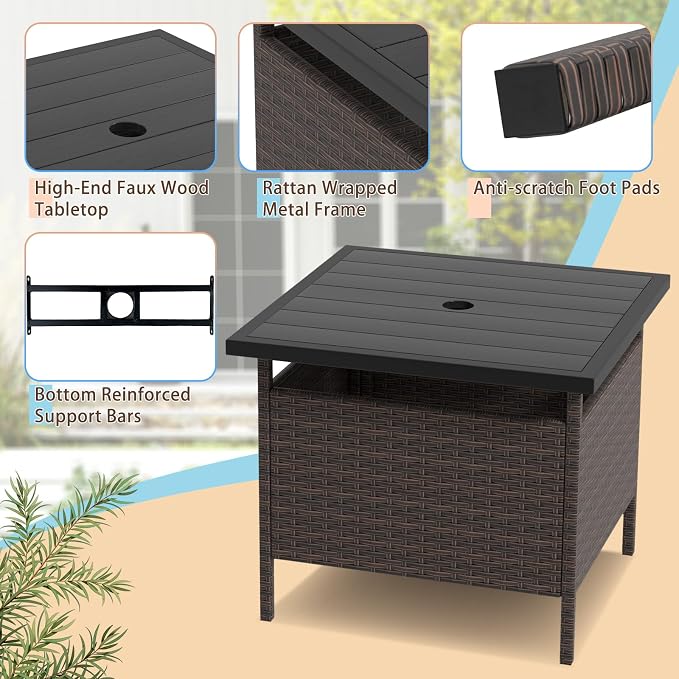 RELAX4LIFE Patio Table with Umbrella Hole, Wicker Rattan Bistro Dining Side Table with Metal Frame, 22'' Square Umbrella Stand Holder for Poolside Backyard Garden Deck, Outdoor Side Table