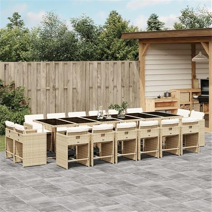 Afuera Living 16 Piece Poly Rattan Patio Dining Set, Black/Cream White Finish, UV-Resistant Material, Includes Cushions, Tempered Glass Table, Modern Outdoor Furniture for Backyard or Patio Dining