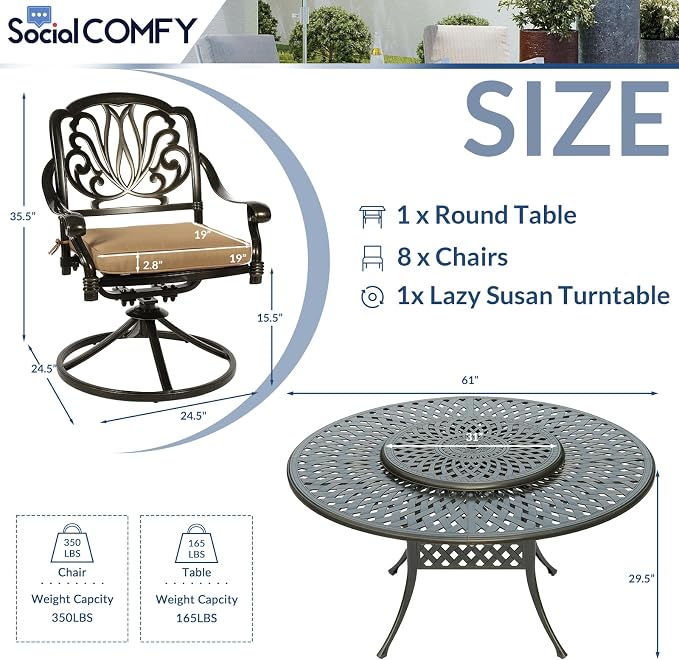 9-Piece Patio Cast Aluminum Dining Set, 8 Person Outdoor Dining Furniture Set, Includes 8 Swivel Dining Chairs and 61" Large Round Dining Table with 31" Lazy Susan, Umbrella Hole, Tan