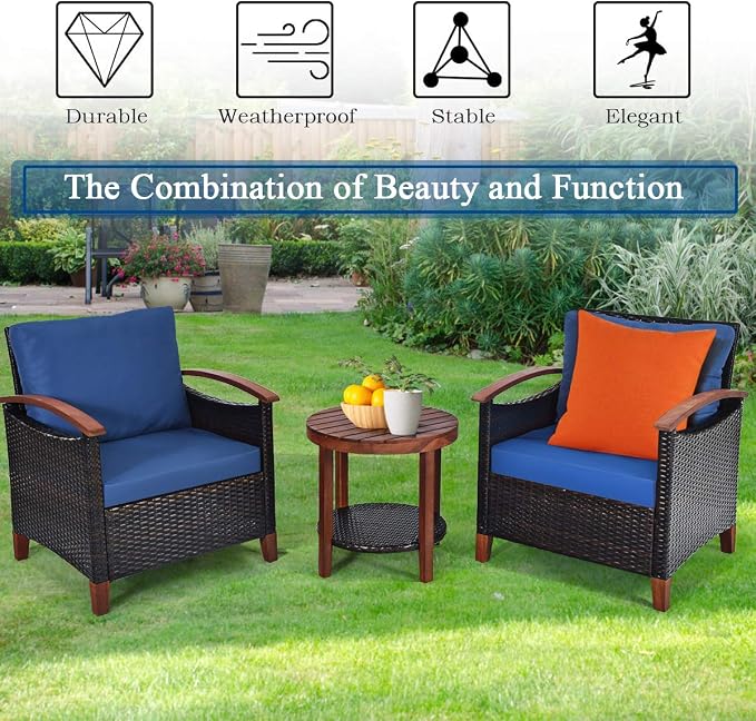 COSTWAY 3PCS Patio Rattan Furniture Set, Outdoor Solid Wood Frame Cushion Sofa with Round Table for Garden Porch Backyard Poolside (Blue)
