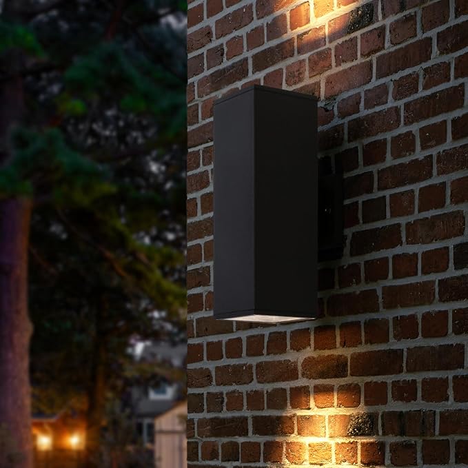 mirrea 14" Modern Outdoor Porch Light in 2 Lights, Matte Black, 4 Pack | Patio wall sconce, aluminum rectangular tube, tempered glass, waterproof. Up & down lighting for outdoor wall mount fixture.