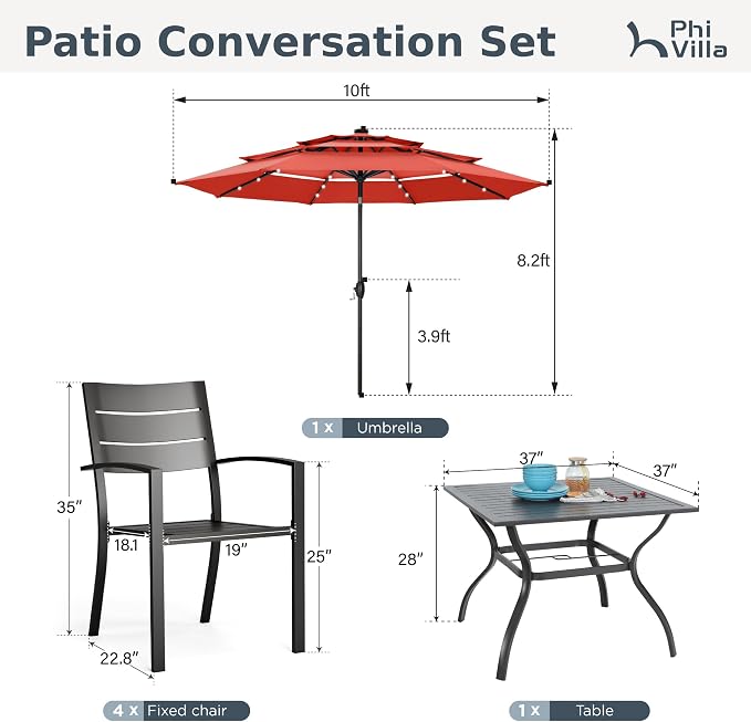 PHI VILLA 5 Pieces Outdoor Dining Set with Umbrella for 4 | 37" Square Metal Steel Table & Stacking Wrought Iron Chairs & 3-Tier Red Umbrella, Outside Furniture Set