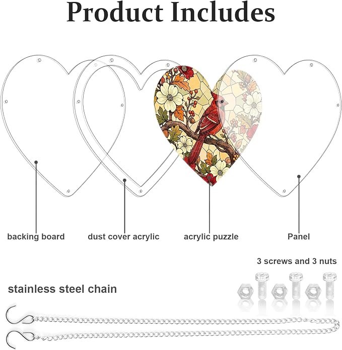 Acrylic Puzzle Suncatcher, Sun Catchers Puzzle for Window Hanging | 8.2 in Heart-shaped Cardinal DIY Suncatcher Puzzle Gifts for Adults, Women, Men, Wife, Mom, Birds Lover, Home & Garden Decor