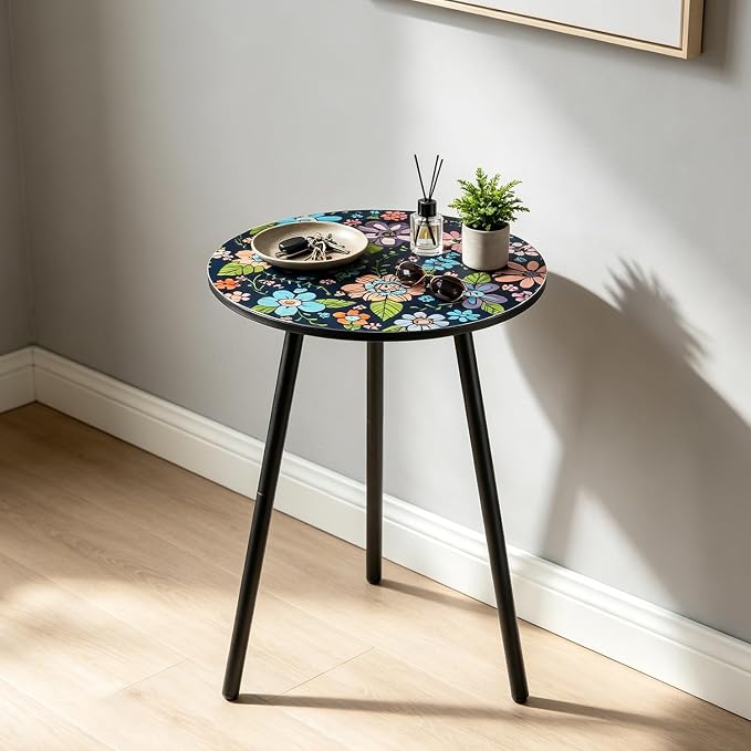 Outdoor Side Table Set of 2 Patio Side Tables for Outside Black End Tables Small Outdoor Table Round Patio End Table Metal Side Table Outside, Indoor, Bedroom, Living Room, Small Spaces, Navy Floral