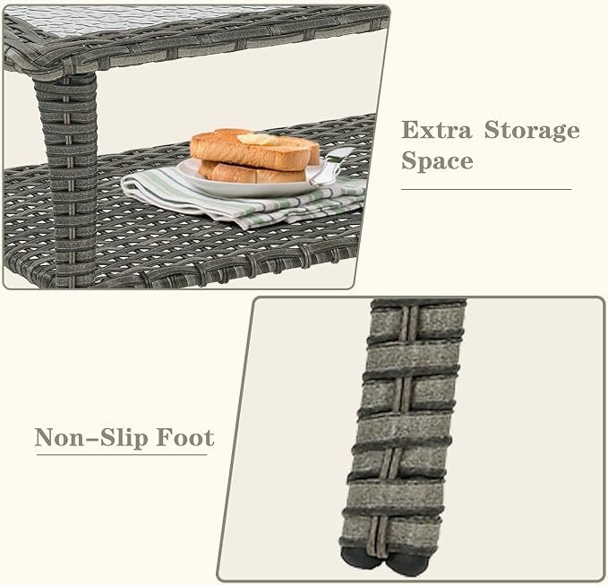 Belord Outdoor Coffee Table for Patio - 40 Inch Rattan Patio Coffee Table with 2-Layer Storage, Rectangular Tempered Glass Outdoor Wicker Table for Porch Balcony Deck Grey