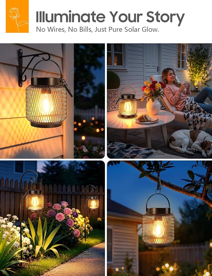 KOOPER Metal Solar Lanterns Outdoor Waterproof, 2 Pack Brighter Hanging Solar Lights for Outside, Up to 15 Hours Modern Hanging Solar Powered Lanterns Lights for Yard Patio Path Tree Garden Decorative