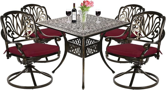 VIVIJASON 5-Piece Outdoor Patio Dining Set, All-Weather Cast Aluminum Conversation Set, Patio Furniture Set, Include 4 Swivel Dining Chairs, a 35.4" Square Table w/Umbrella Hole, Red Cushion