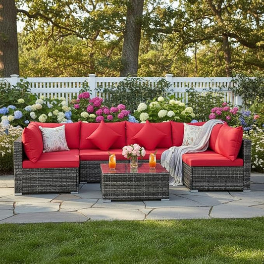 Tangkula 7 Pieces Wicker Patio Furniture Set, All-Weather Outdoor Rattan Sectional Sofa Set with Cushions & Tempered Glass Coffee Table, Outside Sofa Set for Garden, Lawn, Deck, Backyard (Red)