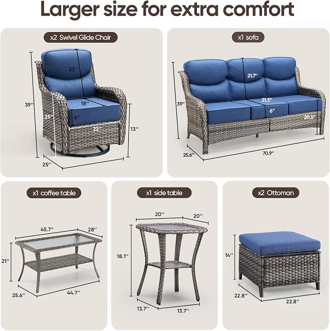 Swivel Patio Chairs sofa Set of 7 with 6" Thick Cushion - Wicker Outdoor Swivel Rocker Patio Chair ,Sofa/Glass coffee table, High Back Comfortable Outdoor Glider Chairs - Gery Wicker Blue Cushions