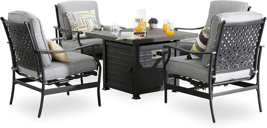 Patio Conversation Set Outdoor Furniture CSA Certification 50,000 BTU 33.9 Inch Propane Fire Pit Table Sets with Rocking Chairs Thick Cushions(5 Pcs,Grey)