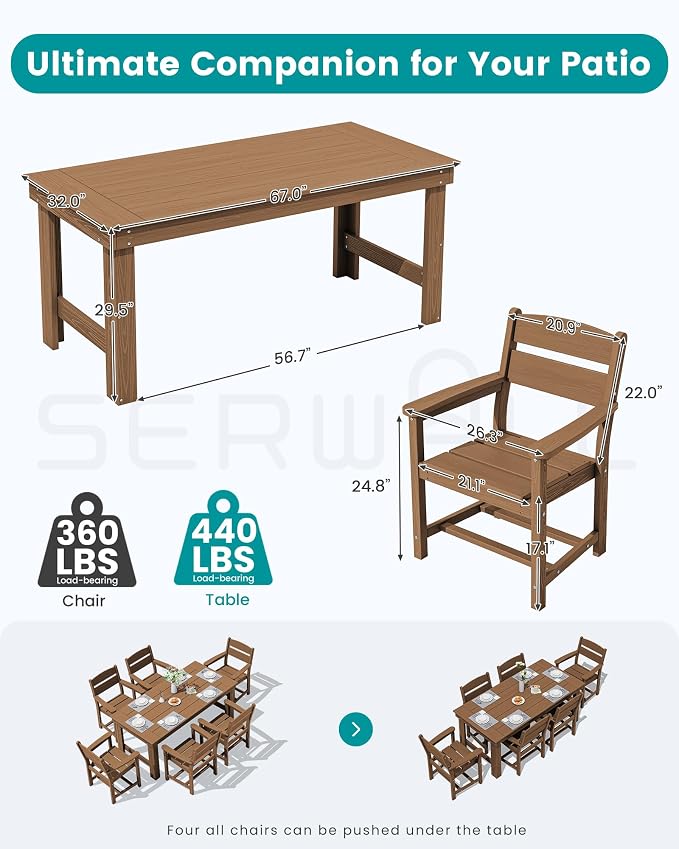 SERWALL HDPE Outdoor Dining Table and Chairs Set for 4 | with Oversized Chair Seat