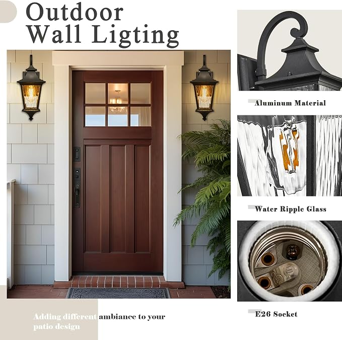 Black Outdoor Wall Light 29.3 Inch Large Aluminum Exterior Lighting Fixtures with Water Ripple Glass Waterproof Porch Lights Outdoor for Patio Doorway E26 Socket