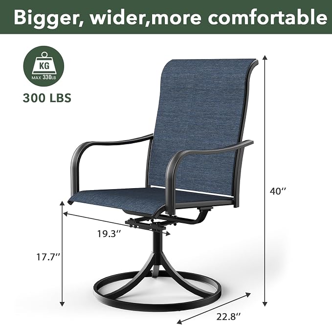 Outdoor Navy Blue Swivel Chairs and 35" Square Table Patio Dining Set of 5 | High Back, Curved Armrest, Textilene Fabric, All Weather, Rocking, Swivel Chairs, 35'' Square Table, Metal Top and Frame
