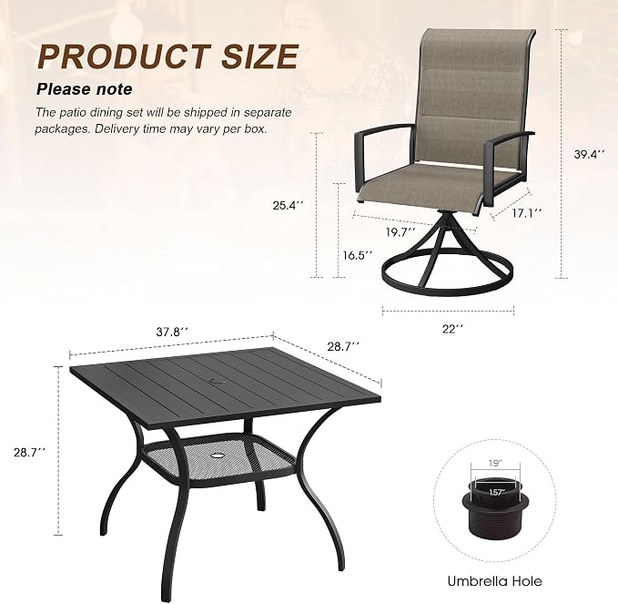 VICLLAX 5 Pieces Outdoor Dining Set, Patio Furniture Set Includes 38" Square Metal Table W/ 1.9" Umbrella Hole and 4 Padded Textilene Swivel Chairs for Porch, Lawn, Garden, Backyard