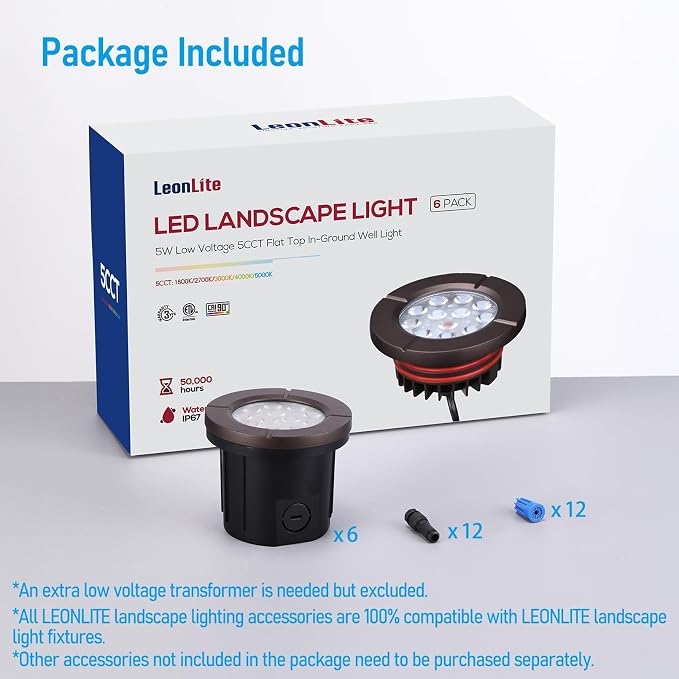 LEONLITE 6-Pack Dia. 4 Inch 5CCT Well Lights Flat Top Oil Rubbed Bronze | 12-24V AC/DC, CRI90, 1800K/2700K/3500K/4000K/5000K, Landscape LED In Ground Outdoor, Low Voltage Garden Landscaping, Aluminum