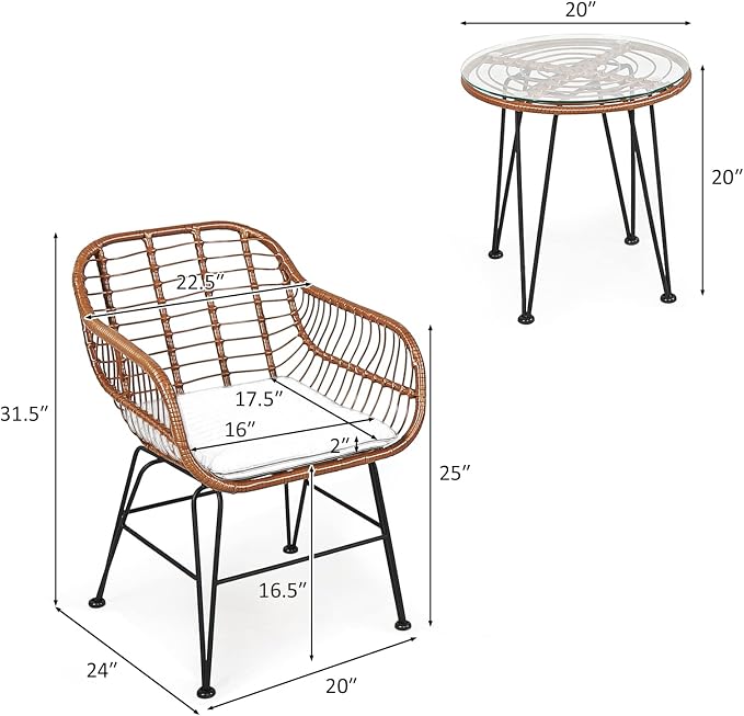 COSTWAY 3 Pieces Patio Bistro Set, Outdoor Rattan Conversation Seating Chair Set with Coffee Table & Soft Cushions, Indoor Wicker Furniture Set for Garden, Balcony, Porch, Pool,Beige