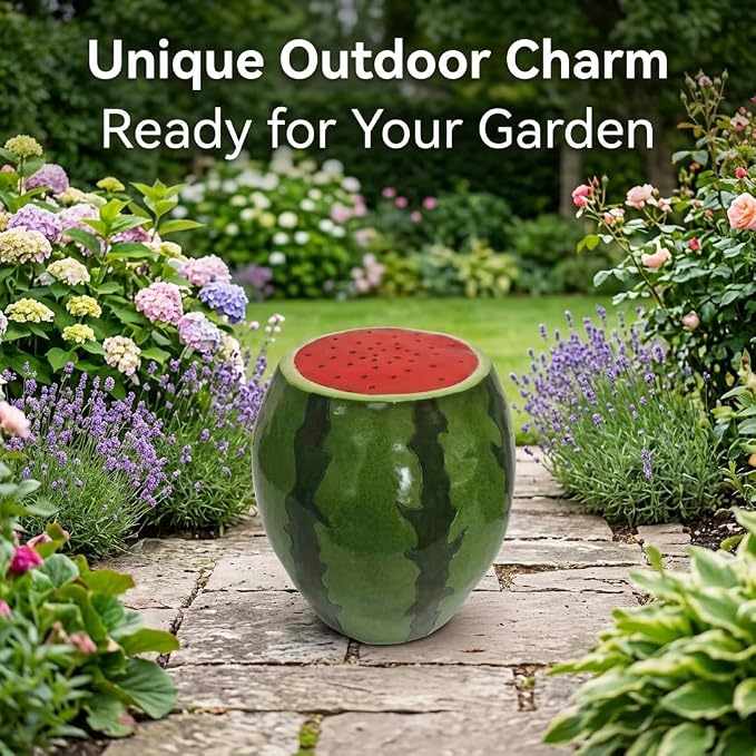 13.4" Watermelon Resin Stool, Novelty Fruit Side Table & Plant Stand, Whimsical Indoor Outdoor Garden Patio Decor, No Assembly Required (Red Watermelon)