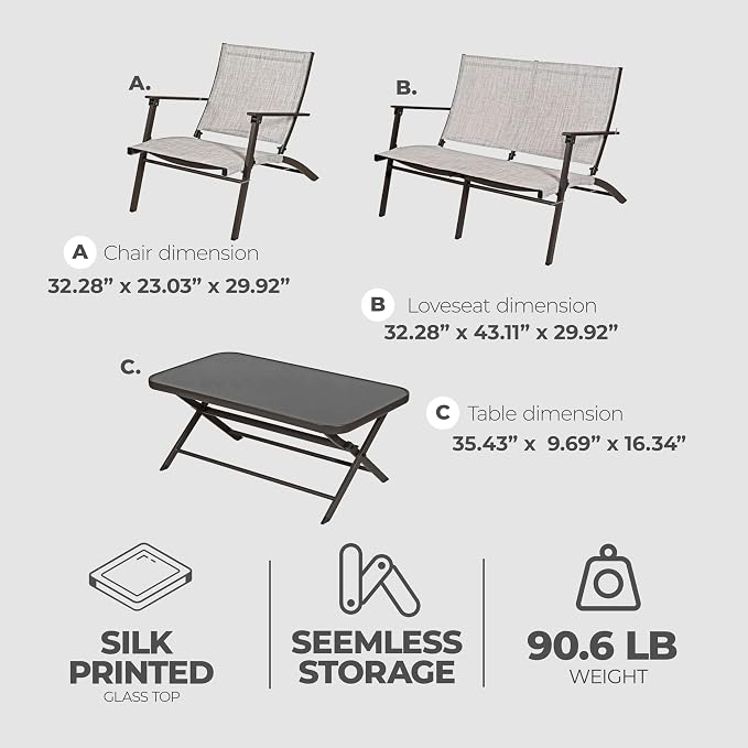 Four Seasons Courtyard Novara 4 Piece Steel Folding Outdoor Patio Furniture Conversation Set with 2 Patio Chairs, 1 Loveseat, and Table, Tan/Espresso