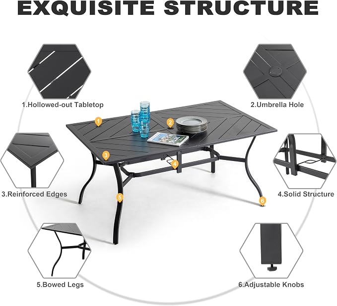 NUU GARDEN Outdoor Rectangle Dining Table, 61'' x 37'' Splice Tabletop with 1.77'' Umbrella Hole, Powder-Coated Iron Frames, for Outdoor or Indoor Space, Patio, Deck, Garden, Backyard, Kitchen, Black