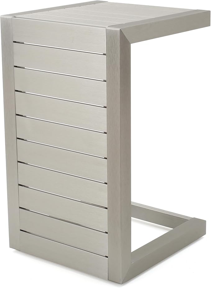24" H Aluminium Black Patio Side Table, Small C-Shaped Outdoor Sofa Table,Coffee Table for Patio, Garden,Balcon,Silver
