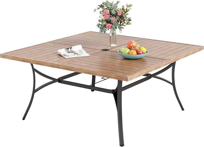 Sophia & William 57.5" Large Outdoor Patio Table for 8, Outdoor Square Metal Dining Table with 1.9" Adjustable Umbrella Hole, All Weather Wrought Iron Furniture Table for Garden Deck, Brown