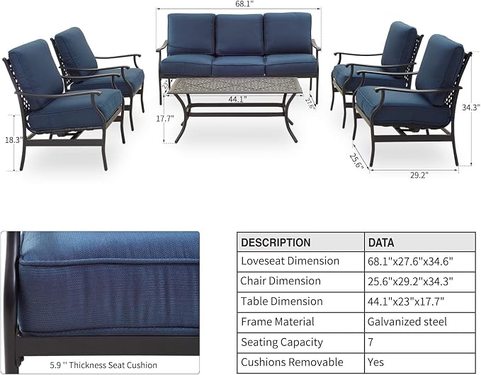 Patio Conversation Set Cushioned Outdoor Furniture Seating Sets with All Weather Galvanized Steel Frame (6 Pieces, Blue)