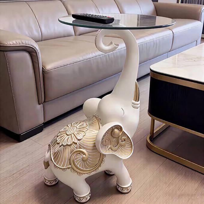 Elephant Side Table with Glass Top, White and Gold, 27.2 Inch