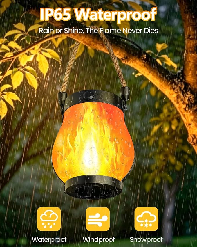 2 Pack Solar Lanterns Outdoor Waterproof, Solar Flame Lanterns with 2 Modes | Ultra-Real Flame, USB/Solar Charging, IP65 Waterproof, Hanging/Table Solar Lights Outdoor for Tree Garden Porch Yard Patio