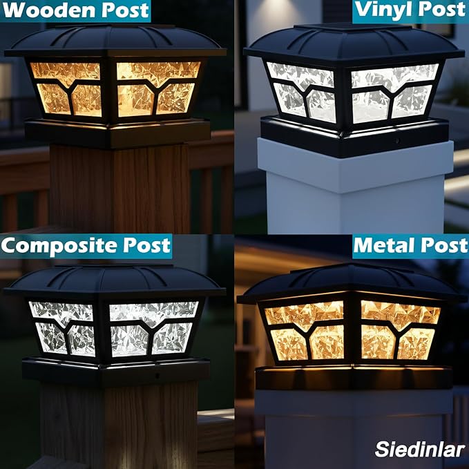SIEDiNLAR Solar Post Cap Lights Outdoor 2 Color Modes 8 LEDs for 4x4 5x5 6x6 Posts Fence Patio Deck Decoration Warm White & Cool White Lighting Black (4 Pack)