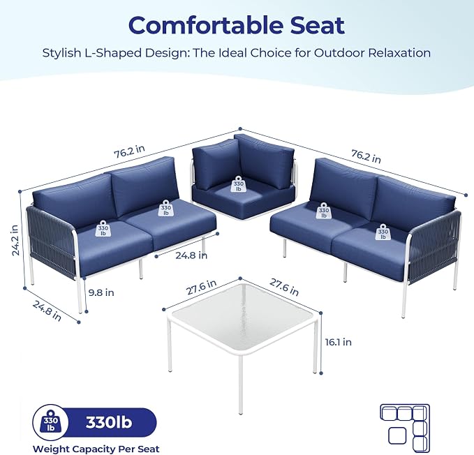 Jocoevol Patio Furniture Set, 6 Pieces Outdoor Sectional Sofa Set, L-Shaped Metal Patio Conversation Set with Side Table, Thick Cushions, All Weather Outdoor Couch for Backyard, Balcony, Garden