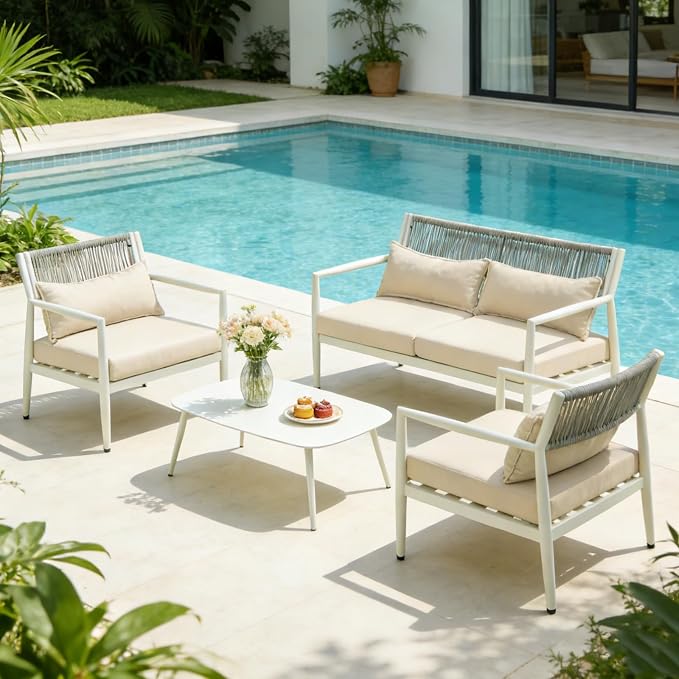 Outdoor Patio Furniture Set, 4 Seats Outdoor Sectional with Coffee Table, Patio Conversation Sets with PE Rope, Outdoor Sectional Sofa with Thick Cushions for Balcony, Porch (White)