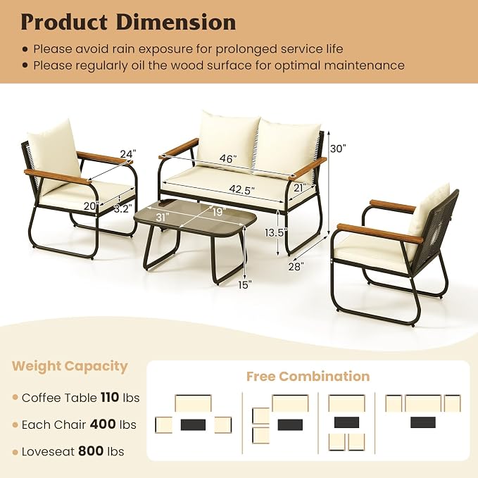 Tangkula 4 Pieces Wicker Patio Furniture Set, Outdoor Conversation Set with Tempered Glass Coffee Table, Rattan Cushioned Chairs with Acacia Wood Armrests for Garden, Yard and Poolside (Off White,2)