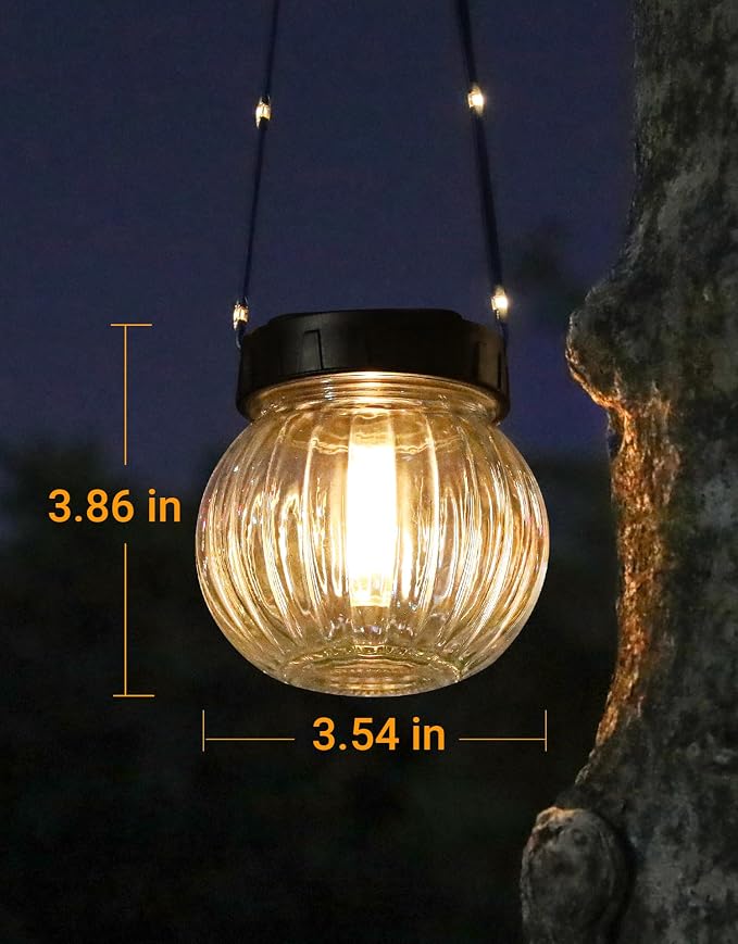 Solar Lights Outdoor Waterproof 12-Pack, Solar Powered Hanging Lantern Ribbed Glass Hanging Globes for Yard Decor Christmas Decoration, Shepherd Hook, Garden Tree Ornaments, Clear