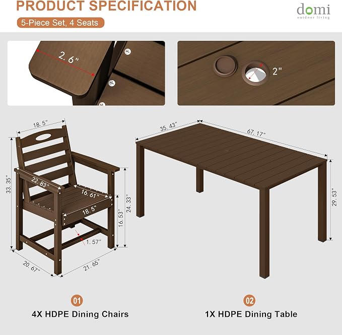 Domi HDPE Outdoor Dining Set, All-Weather 5 Piece Outdoor Dining Table Set with 2" Umbrella Hole, Outdoor Patio Dining Set for Garden, Poolside, Backyard, Deck, Brown