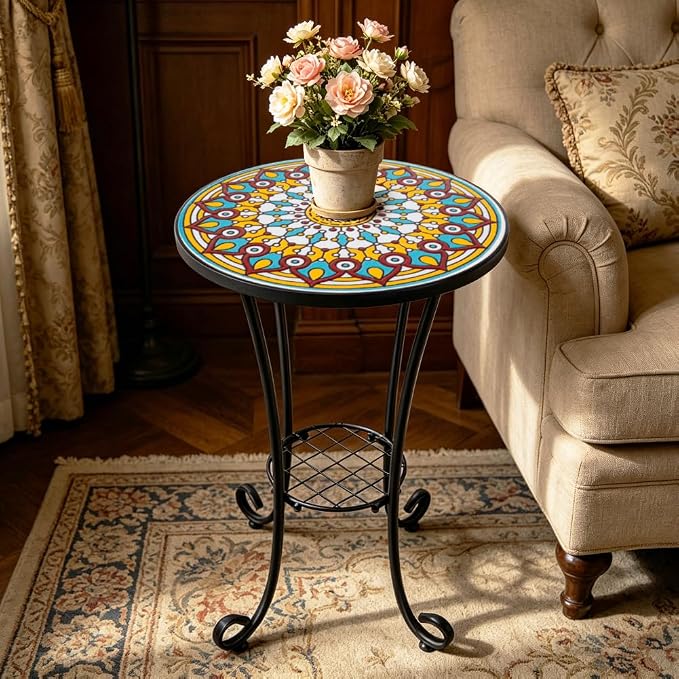 Mosaic Outdoor Side Table Small Round Patio Table Plant Stand | 21" Accent End Table with 14" Ceramic Tile Top for Small Spaces Porch Pool Garden Decor Indoor Living Room Bedroom Balcony