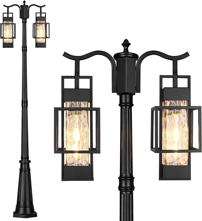 Modern Outdoor Lamp Post Light 2-Head, Hardwired Street Light Post for Outside Metal Pole Light Outdoor Lighting with Water Glass Shade for Garden Patio Backyard Walkway Driveway