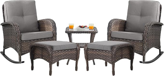 Belord Patio Rocking Chairs Furniture Set - 5 Piece Outdoor Wicker Furniture Sets with Ottomans, Small Patio Conversation Sets with Wicker Rocking Chairs Brown/Grey