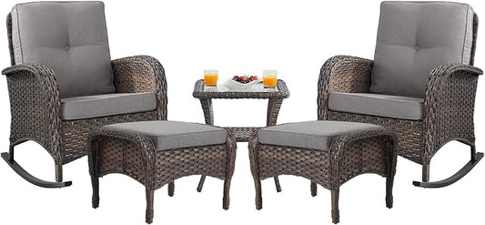 Belord Patio Rocking Chairs Furniture Set - 5 Piece Outdoor Wicker Furniture Sets with Ottomans, Small Patio Conversation Sets with Wicker Rocking Chairs Brown/Grey