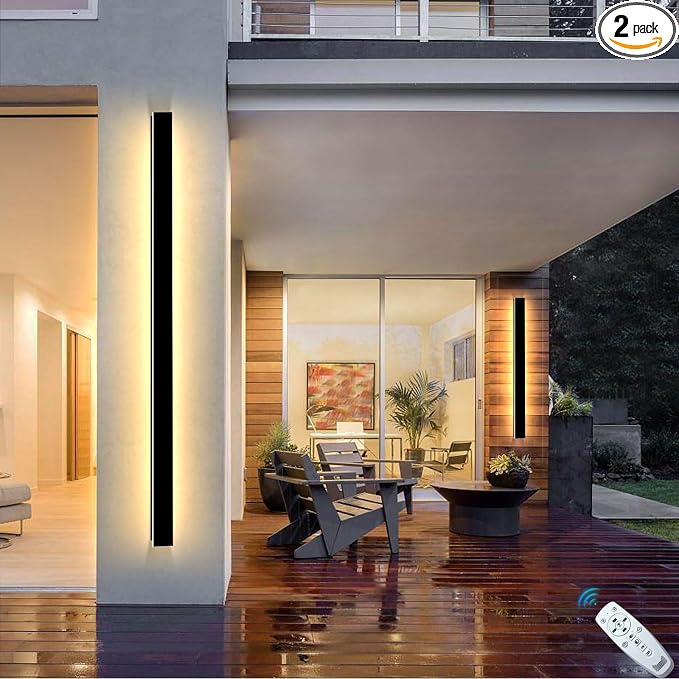 2 Pack 31 inch Modern Outdoor Wall Light, 2700K-6500K Dimmable Long Exterior Wall Sconce with Remote Control, IP65 Waterproof Black Linear Wall Mount Lighting for Patio, Garage, Hallway