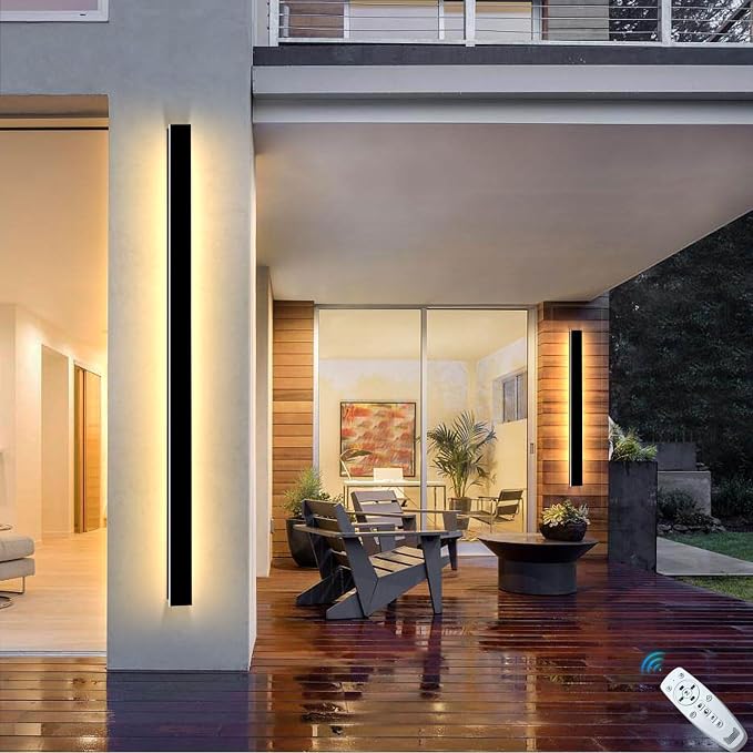 2 Pack 59In Long Outdoor Wall Light, 2700K-6500K Dimmable Modern LED Exterior Wall Sconce, IP65 Waterproof Black Linear Wall Mount Lighting for House, Courtyard, Porch, Garage